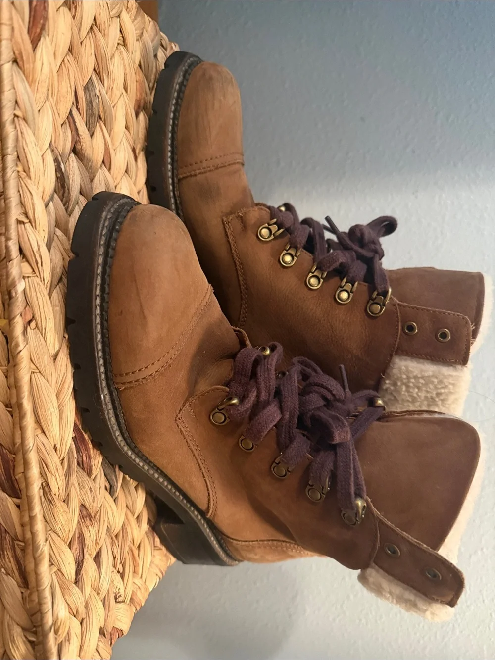 Frye Brown Leather Winter Boots with Purple Laces
